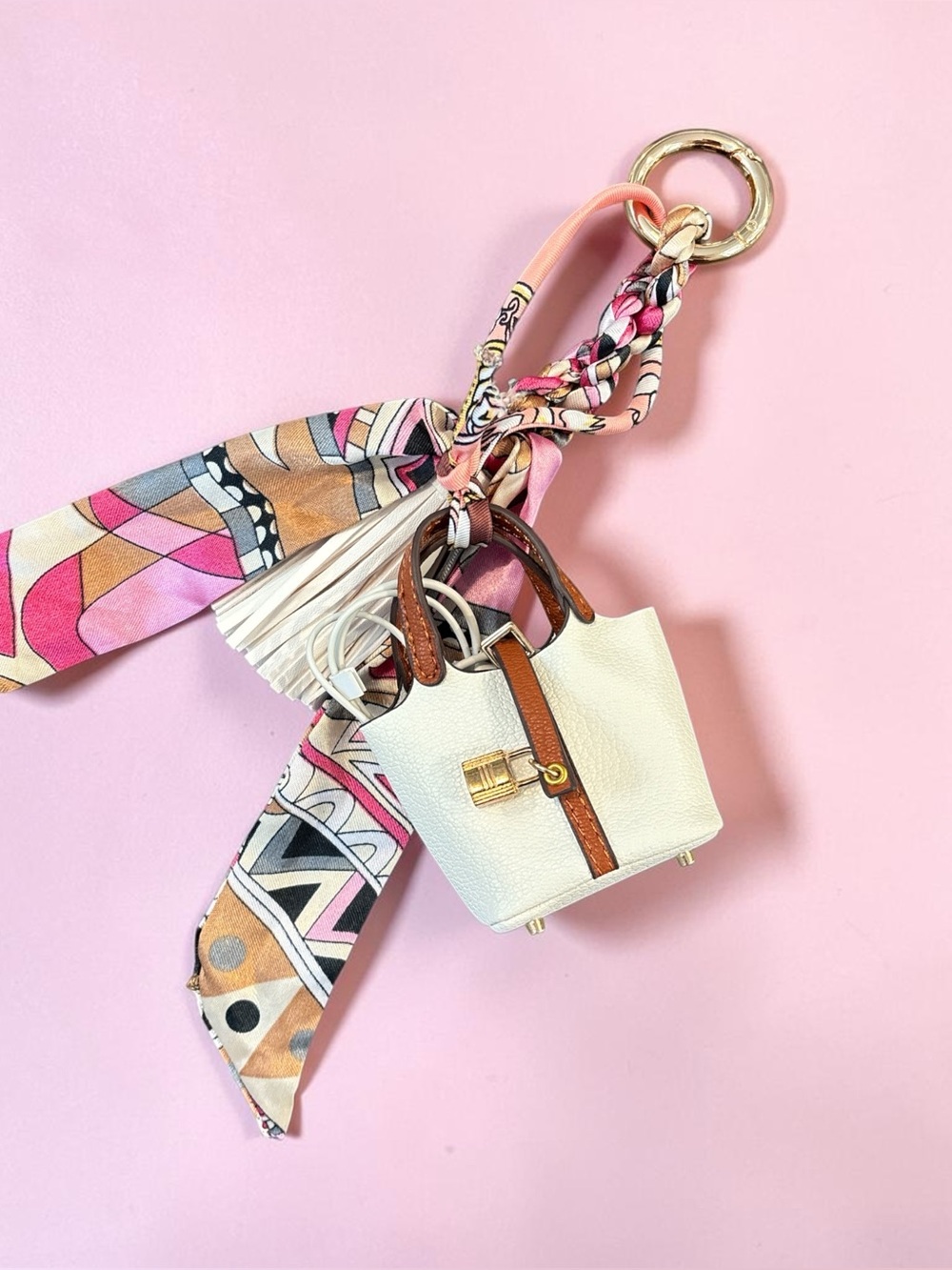 Mini Handbag Keychain Charm with Twilly Scarf & Tassel – White